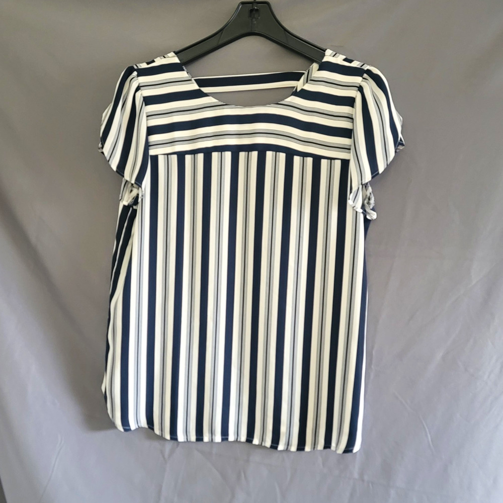 LOFT Blue/White Striped Square Neck Flutter Short Sleeve Blouse Polyester M